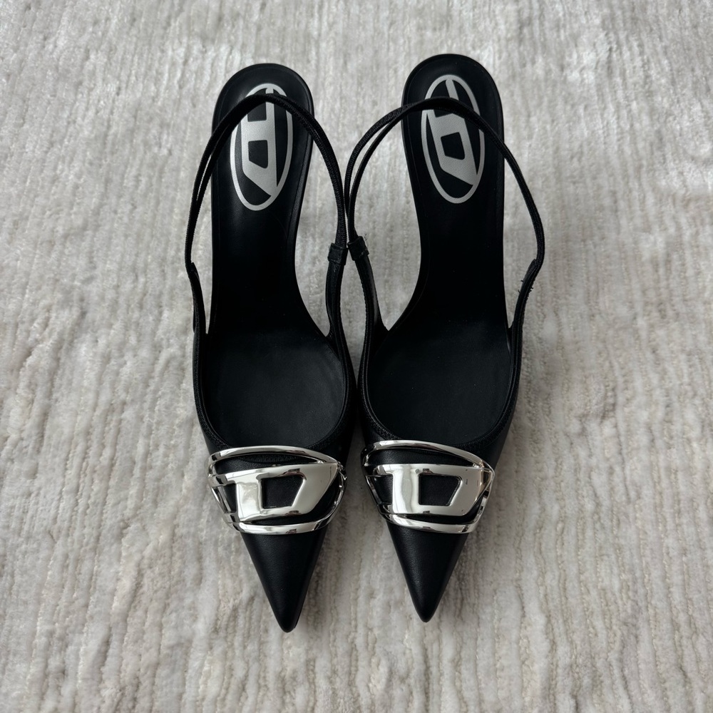 Diesel Black and Silver Slingback Heels